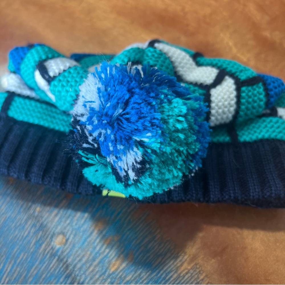 Smartwool Merino Wool Knit Pom Pom Beanie made in Canada blue white green - Picture 5 of 7